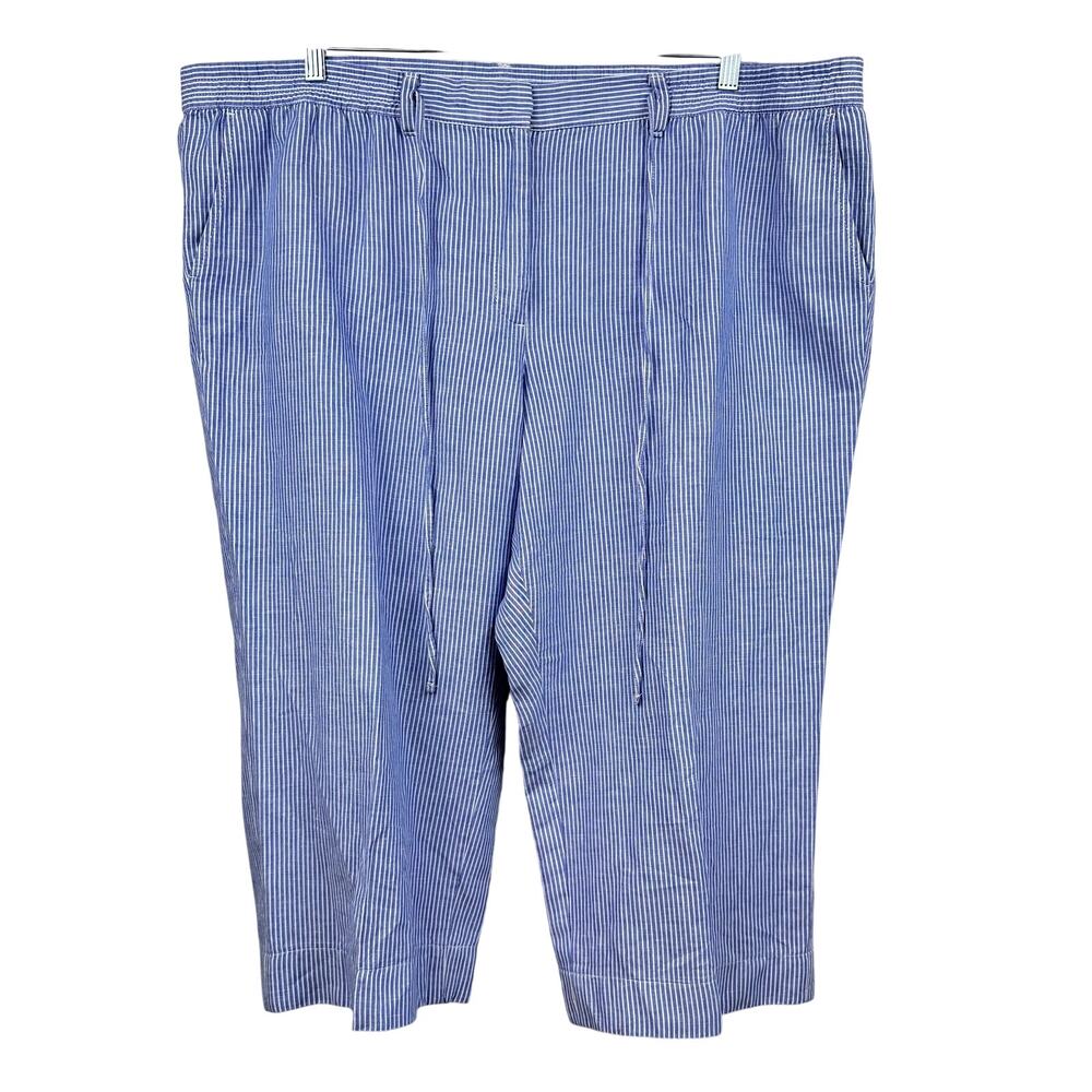 Talbots The Easy Drawstring Pant Crop Striped Linen Blend Blue White 22WP Petite